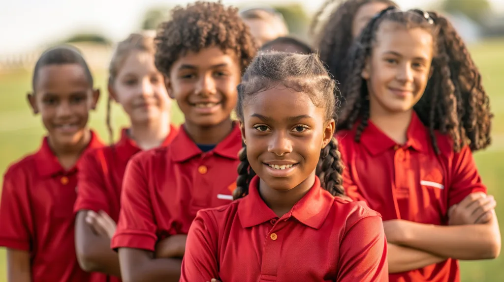 Team Polo Shirts for Sports Clubs and Corporate Uniforms: Custom Fit, Fabric & Branding 3 A youth football team wearing matching branded polo shirts with logos, standing on the sidelines before a game, looking team-ready.