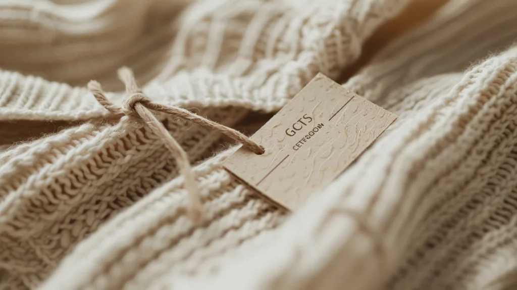 Close-up of a clothing tag labeled “GOTS Certified Organic Cotton” attached to a natural cotton shirt.
