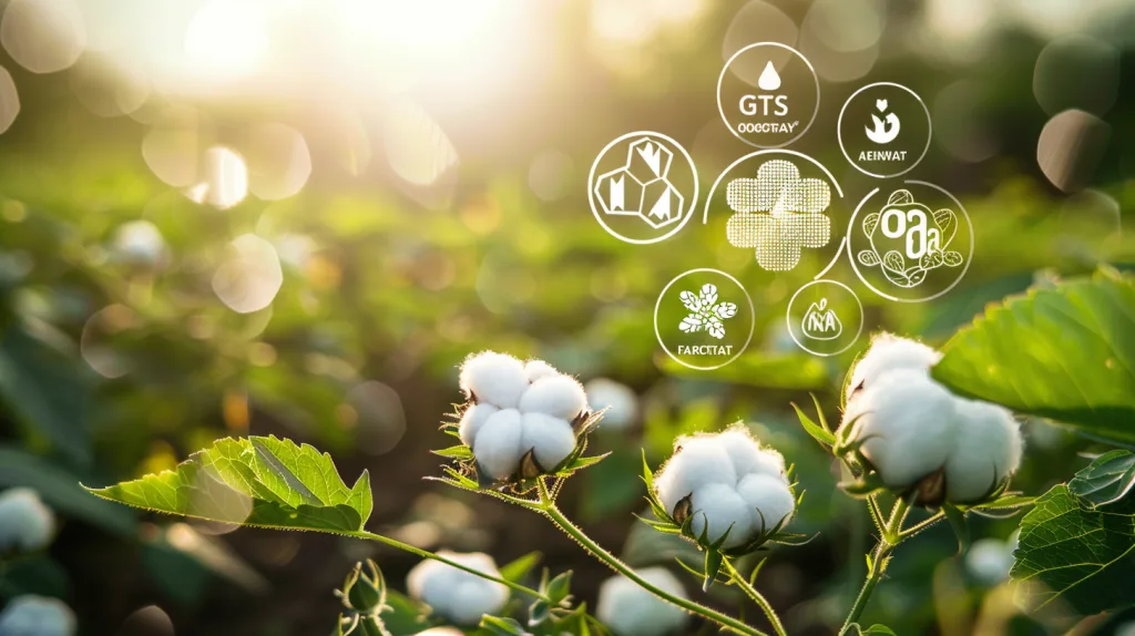 Certifications in Organic Cotton Clothing: GOTS, OEKO-TEX, Fairtrade Explained 21 A professional infographic-style image showing GOTS, OEKO-TEX, and Fairtrade logos with organic cotton fabric background.