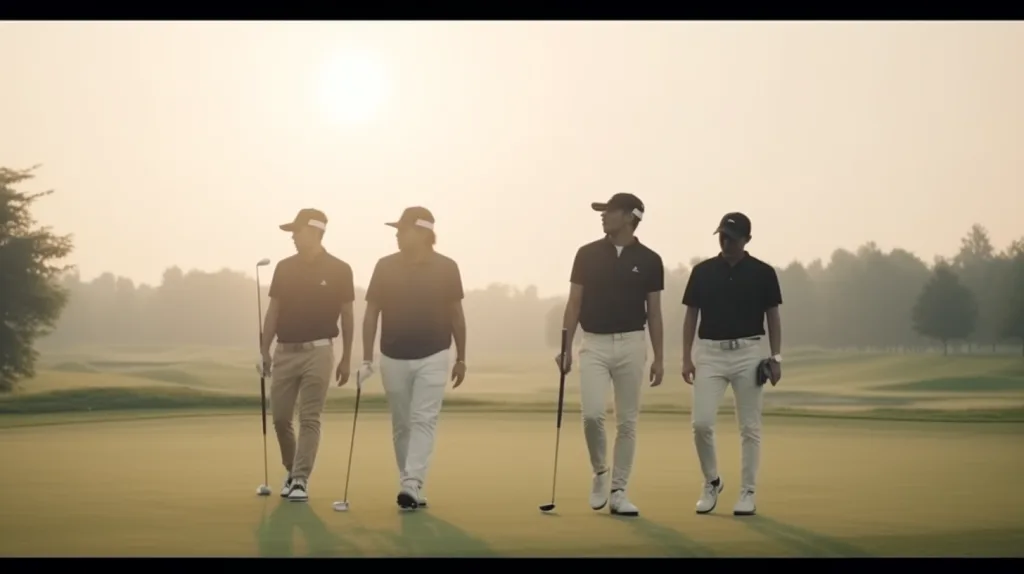 Golf Team Uniforms Design: 17 Expert Tips to Create Stylish & Functional Teamwear 2 A group of golfers wearing matching, stylish team uniforms on a professional golf course, showing unity and coordination as they prepare for a game.