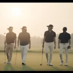 A group of golfers wearing matching, stylish team uniforms on a professional golf course, showing unity and coordination as they prepare for a game.