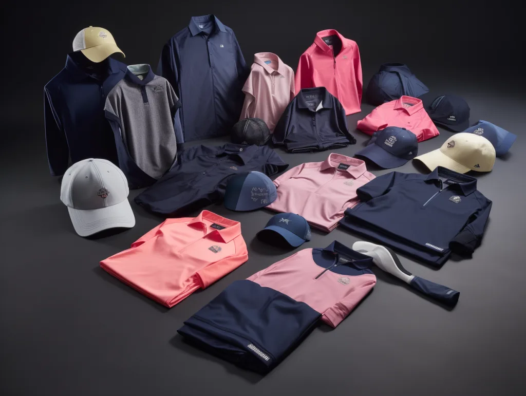 Golf Team Uniforms Design: 17 Expert Tips to Create Stylish & Functional Teamwear 3 Laid-out collection of golf uniforms including polos, vests, jackets, and rain gear, all branded in cohesive colors and team logos.