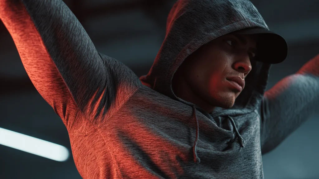 Best Men’s Hoodie Manufacturer: From Streetwear to Gymwear 4 Male athlete wearing a performance tech-fabric hoodie in the gym