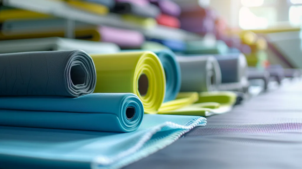 Golf Apparel Manufacturing Process – Step by Step 1 A detailed shot of different types of technical sports fabrics laid out in rolls—moisture-wicking polyester, breathable mesh, and spandex blends—on a cutting table.