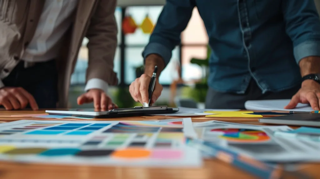 How to Choose the Right Organic Cotton Clothing Manufacturer for Your Brand 4 A business meeting scene with fashion brand owners and suppliers discussing order quantities, fabric swatches and pricing charts on the table.