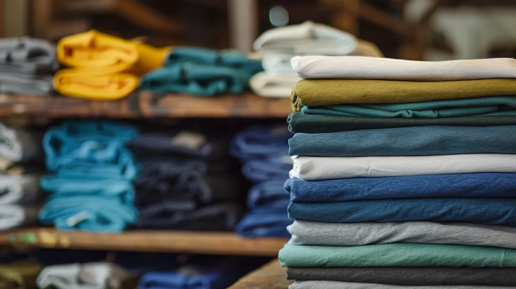 MOQ and Lead Times in Organic Cotton Clothing Production 18 A visual representation of small vs. large production quantities in organic cotton clothing, showing folded garments on shelves labeled by batch sizes.