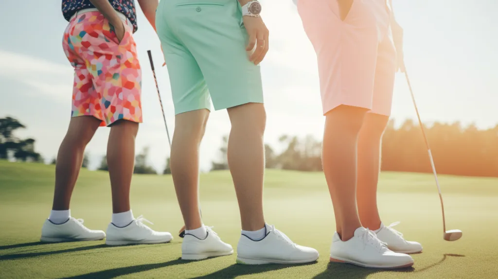 15 Best Golf Shorts in 2025: Stay Cool, Swing Better, and Look Sharp on the Course 6 A group of male and female golfers wearing modern, high-performance golf shorts, swinging on a sunny course with green fairways and a blue sky in the background.