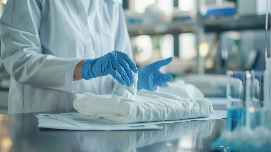 Certifications in Organic Cotton Clothing: GOTS, OEKO-TEX, Fairtrade Explained 2 A textile lab scene where a scientist is testing cotton fabrics for harmful substances, with OEKO-TEX certification visible on a report.