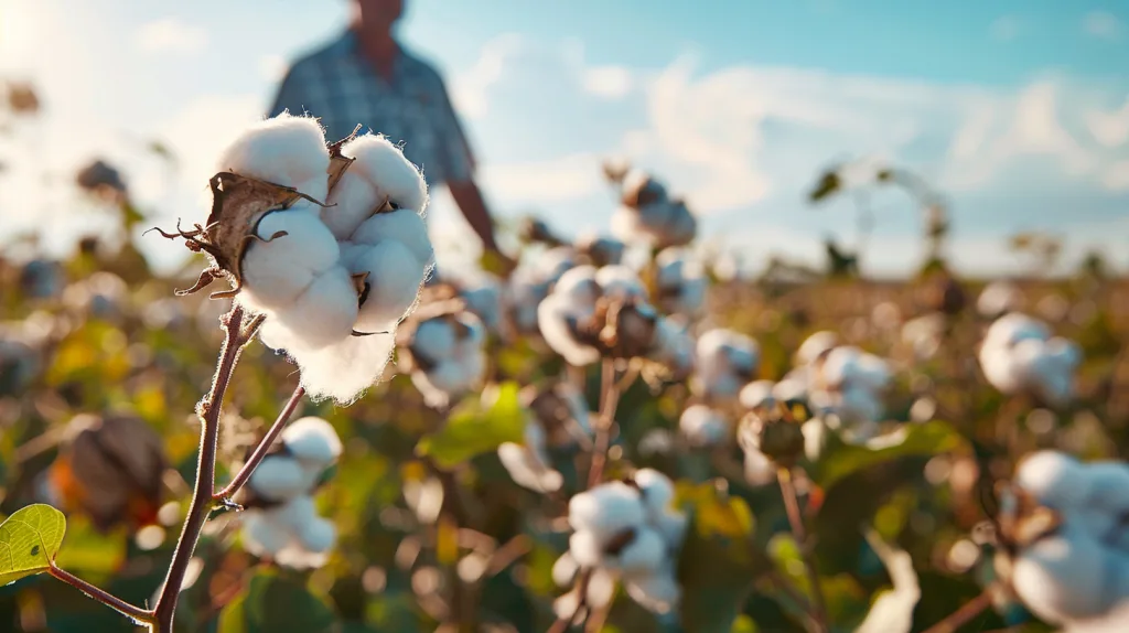 Farmers harvesting organic cotton in eco-friendly fields, showing sustainable fabric sourcing.