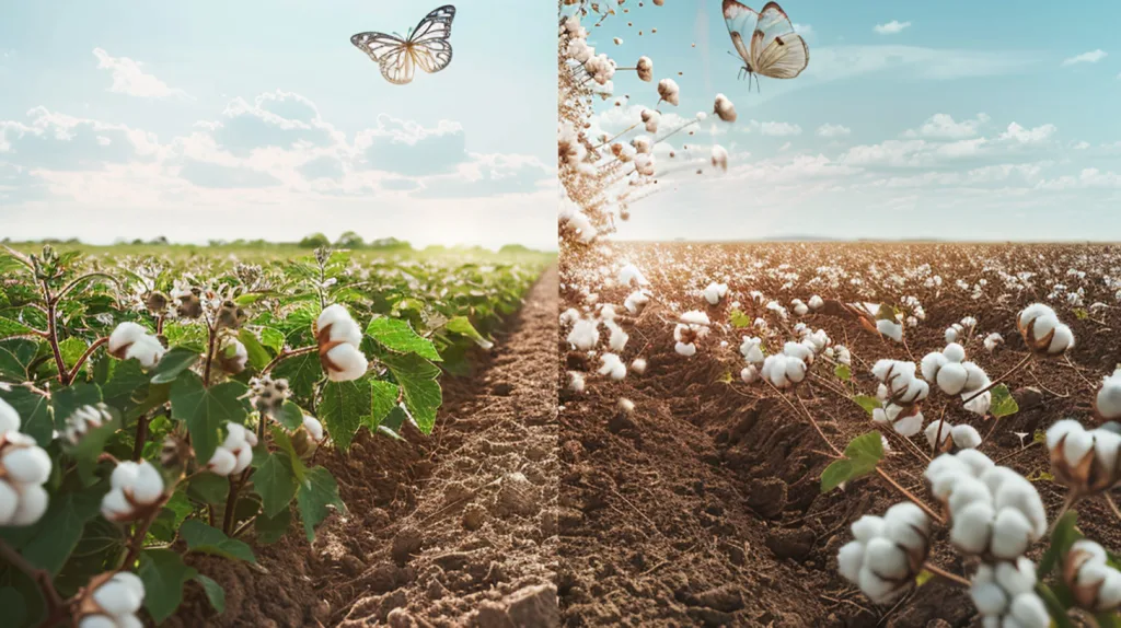 What Is Organic Cotton? Benefits for Brands and the Environment 2 Split image showing organic cotton farm with natural soil and insects vs conventional cotton field sprayed with pesticides.