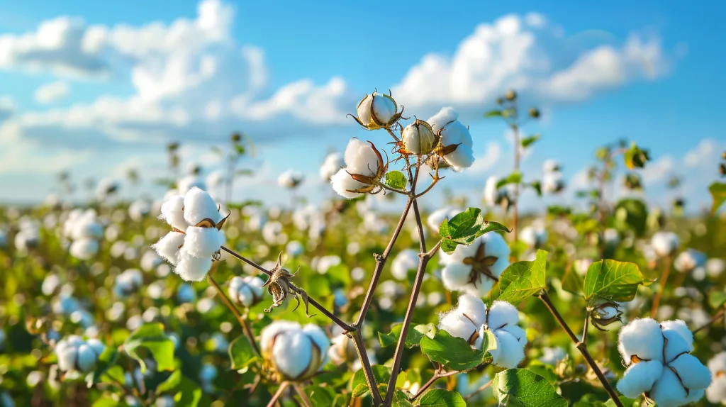 The Organic Cotton Supply Chain: From Farm to Finished Apparel 19 A scenic view of organic cotton fields with mature cotton plants under a bright blue sky, showcasing eco-friendly and chemical-free farming.