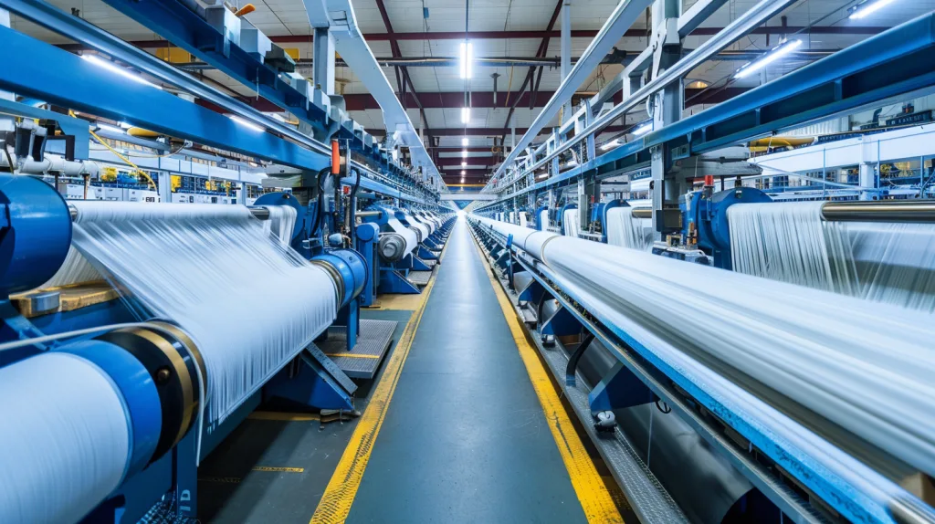 The Organic Cotton Supply Chain: From Farm to Finished Apparel 2 Interior of a clean, modern spinning mill using renewable energy, with machines turning organic cotton into yarn under ethical working conditions.