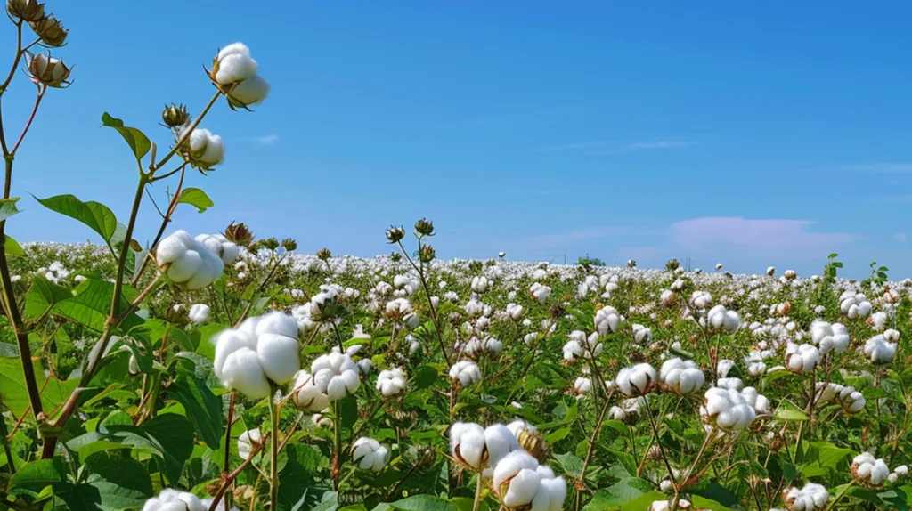 What Is Organic Cotton? Benefits for Brands and the Environment 23 A wide view of a lush organic cotton field with clear blue skies, showing cotton plants in full bloom.