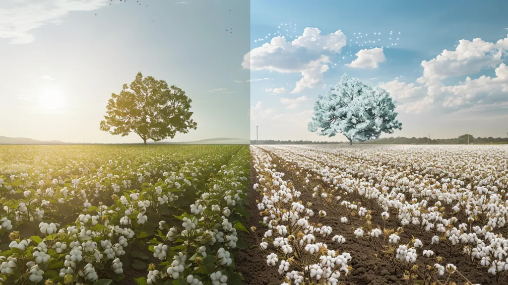 Organic Cotton vs Conventional Cotton: Key Differences for B2B Buyers 22 A modern, clean infographic-style visual comparing organic and conventional cotton fields, split down the middle.
