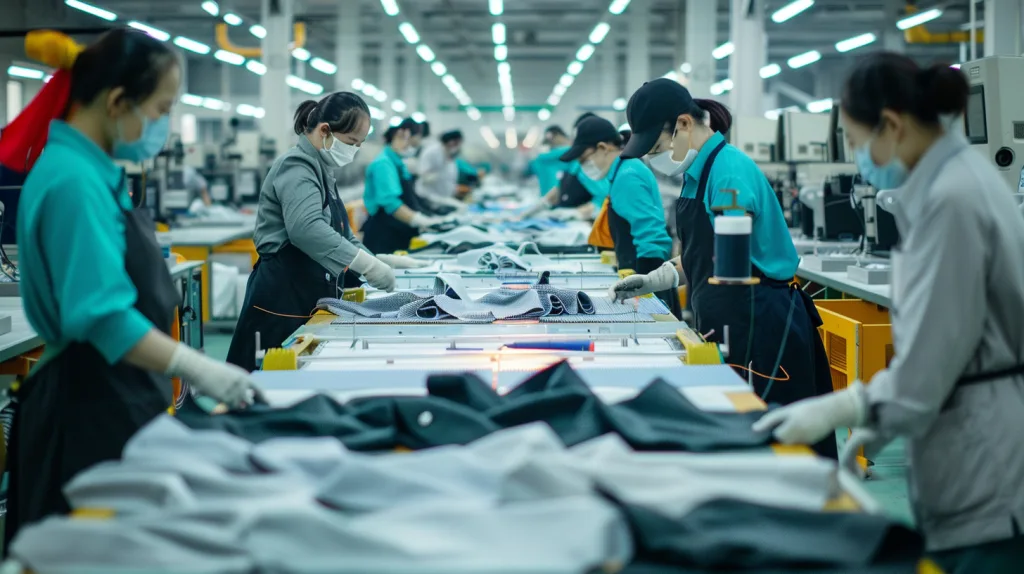 Golf Apparel Manufacturing Process – Step by Step 1 Factory workers cutting layers of golf apparel fabric using automated cutting machines, with others sewing pieces on industrial machines.