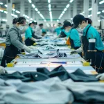 Factory workers cutting layers of golf apparel fabric using automated cutting machines, with others sewing pieces on industrial machines.