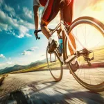 A professional cyclist wearing aerodynamic cycling shorts riding fast on a scenic countryside road. The image captures motion, energy, and the snug fit of high-performance shorts.