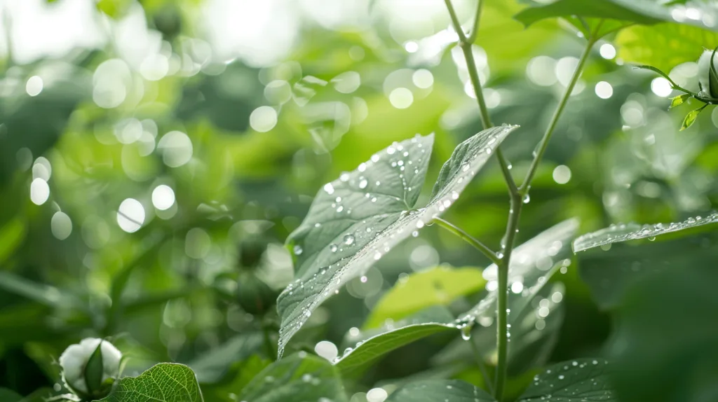 What Is Organic Cotton? Benefits for Brands and the Environment 4 Close-up of organic cotton being grown in a rain-fed farm with visible dew and healthy green leaves.