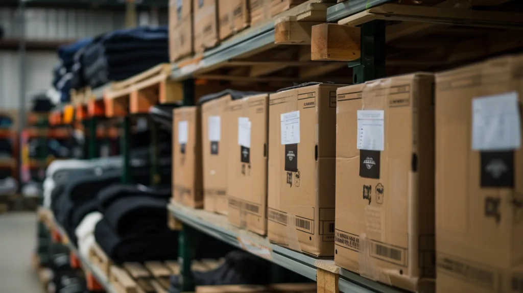 Golf Apparel Manufacturing Process – Step by Step 4 Boxes of neatly packaged golf apparel with custom tags and labels, ready for global shipment, warehouse background.