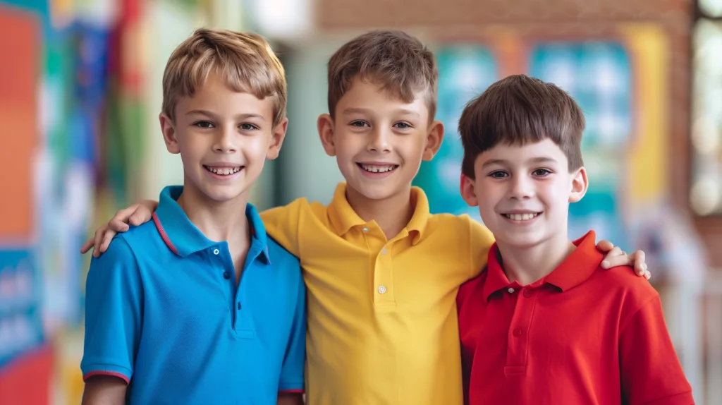Why Choose Polo Shirts Over T-Shirts for Boys' Uniforms? 13 A group of school-aged boys wearing different colored polo shirts with backpacks, standing in front of a school building, smiling and interacting naturally.
