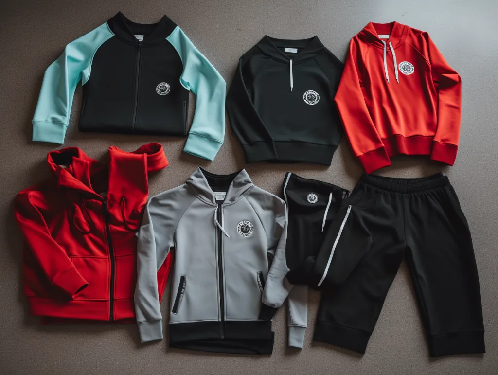 Top 10 Custom Gym Wear Design Tips to Boost Product Appeal & Brand Value 2 Flat lay of gym wear showcasing different logo techniques—reflective vinyl, silicone patches, and heat press logos—placed on chest, sleeves, and waistband.