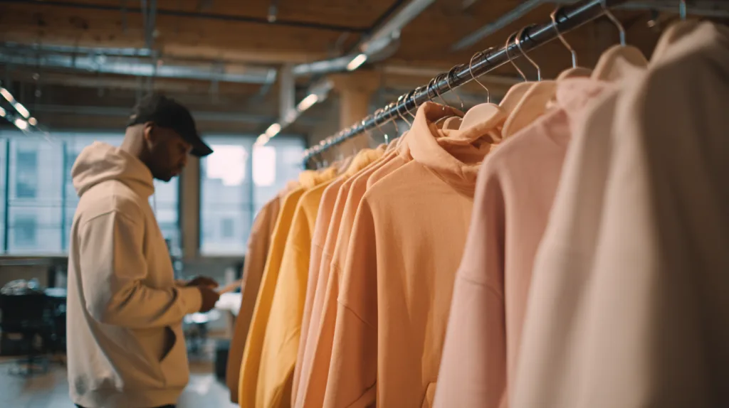 Best Men’s Hoodie Manufacturer: From Streetwear to Gymwear 3 Designer reviewing pigment-dyed hoodies for streetwear launch