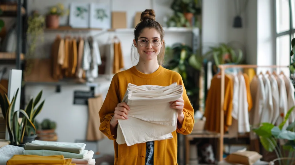 What Is Organic Cotton? Benefits for Brands and the Environment 3 A fashion designer showcasing eco-friendly clothing made from organic cotton, in a bright, modern studio.