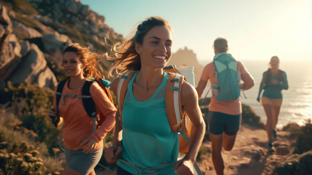 The Complete Guide to UPF 50 Clothing 3 Athletes wearing UPF 50 gear while running, hiking, and surfing, emphasizing dynamic movement and sporty fit.