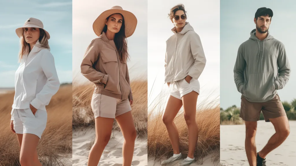 Unlocking UPF: The Ultimate Guide to Sun-Protective Fabrics in Modern Apparel 2 Realistic outdoor scenes showing people wearing stylish UPF clothing during beach activities, hiking, and sports. Highlights how sun-protective fashion fits into everyday active lifestyles.