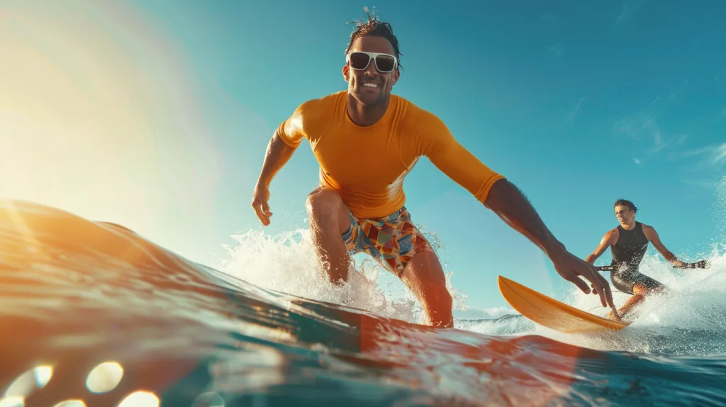 The Ultimate Guide to UV Protection Clothing 3 High-energy action shots of people surfing, running, fishing, and cycling—all wearing functional, stylish UPF50+ sports gear.