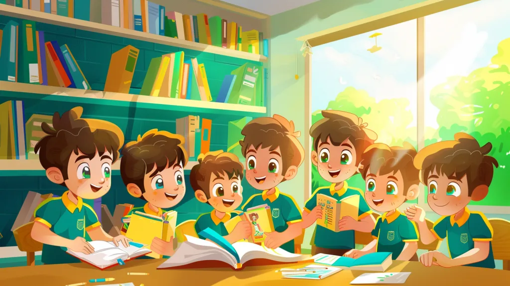 Why Choose Polo Shirts Over T-Shirts for Boys' Uniforms? 4 Boys playing, studying, and participating in group activities while wearing polo shirts, showing the functionality and versatility of the uniform.