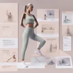 A stylish digital moodboard with brand colors, typography, gym wear sketches, and inspirational imagery showing modern activewear style and values.