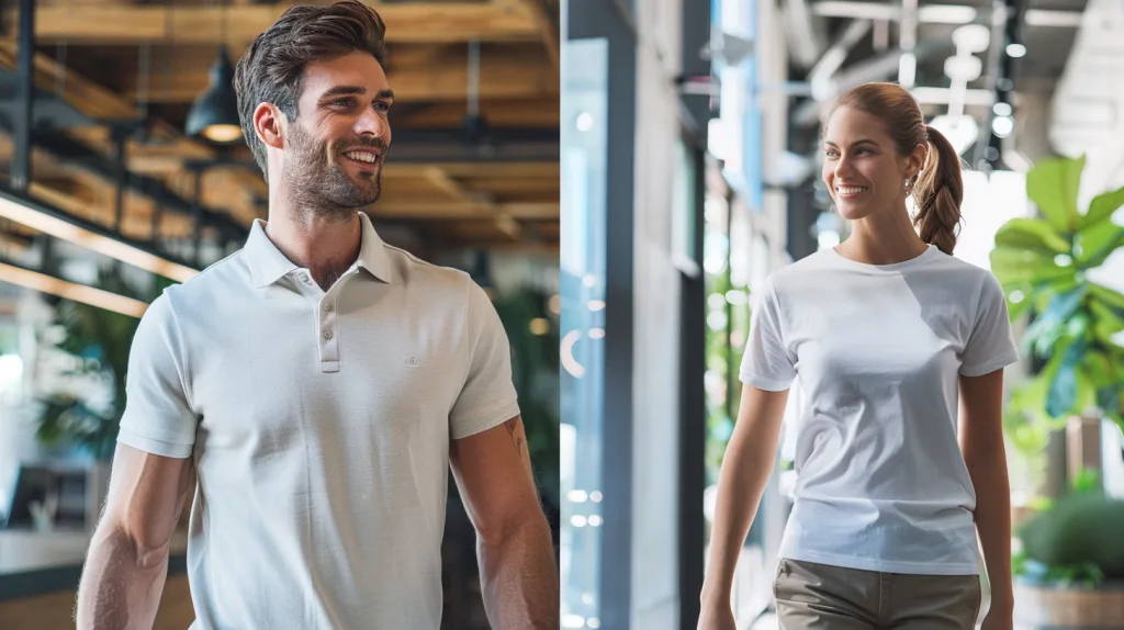 Polo Shirt vs T-Shirt: Style, Fabric & Use Compared 3 Two lifestyle scenes: one person wearing a polo shirt at a casual office or golf course, and another in a t-shirt walking in the city or at the gym.