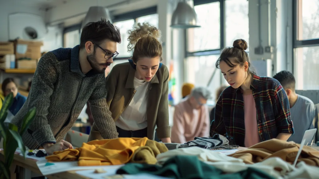 10 Best Clothing Manufacturer in USA for High-Quality Apparel Production 3 designers inspecting garments at a clothing manufacturer in USA