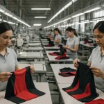 State-of-the-art clothing factory with automated cutting, sewing, and inline quality checks for sportswear fabric performance.