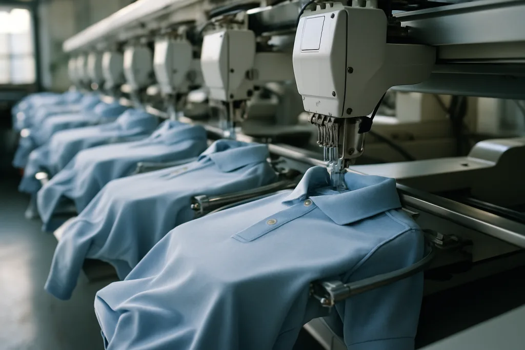 Top Trends in Custom Polo Shirt Design for 2025 1 This image depicts an automated sewing line in action, highlighting the technological advancements in custom polo shirt production.