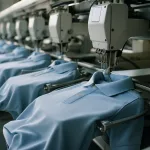 This image depicts an automated sewing line in action, highlighting the technological advancements in custom polo shirt production.