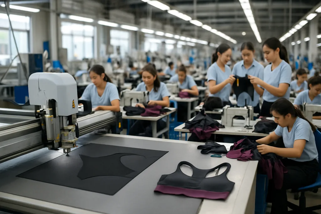 Best Women’s Sportswear for Comfort, Style, and Performance in 2025 5 Factory workers monitor cutting and sewing machines for precise production and quality control of women's sportswear.
