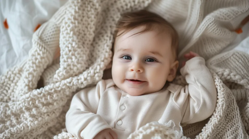 Organic Cotton Baby Clothing: Safety and Comfort for Sensitive Skin 12 happy baby lying on organic cotton blanket showing softness and safety for sensitive skin