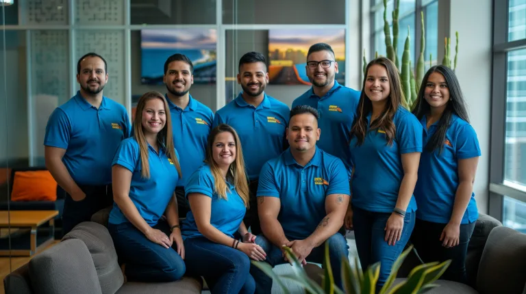 Team Apparel 20 employees wearing branded polo shirts with embroidered company logos