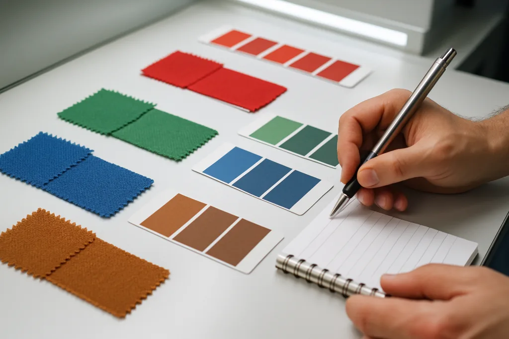 Why Ninghow is the Trusted Choice for Custom Polo Shirt Manufacturing 10 A skilled technician compares fabric swatches and lab dips for custom polo shirt manufacturing, ensuring precise Pantone color matching.