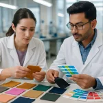 Lab staff conduct textile color matching and antimicrobial finish checks on fabric swatches.