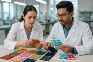 Lab staff conduct textile color matching and antimicrobial finish checks on fabric swatches.