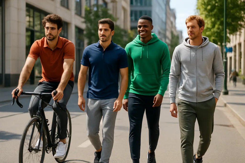 Best Men’s Sportswear to Boost Performance and Style in 2025 4 Group of men in fashionable sportswear including polos, hoodies, and joggers, moving outdoors in an urban setting.