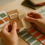 A designer evaluates organic cotton swatches and lab dip samples to confirm color precision and texture for custom apparel.