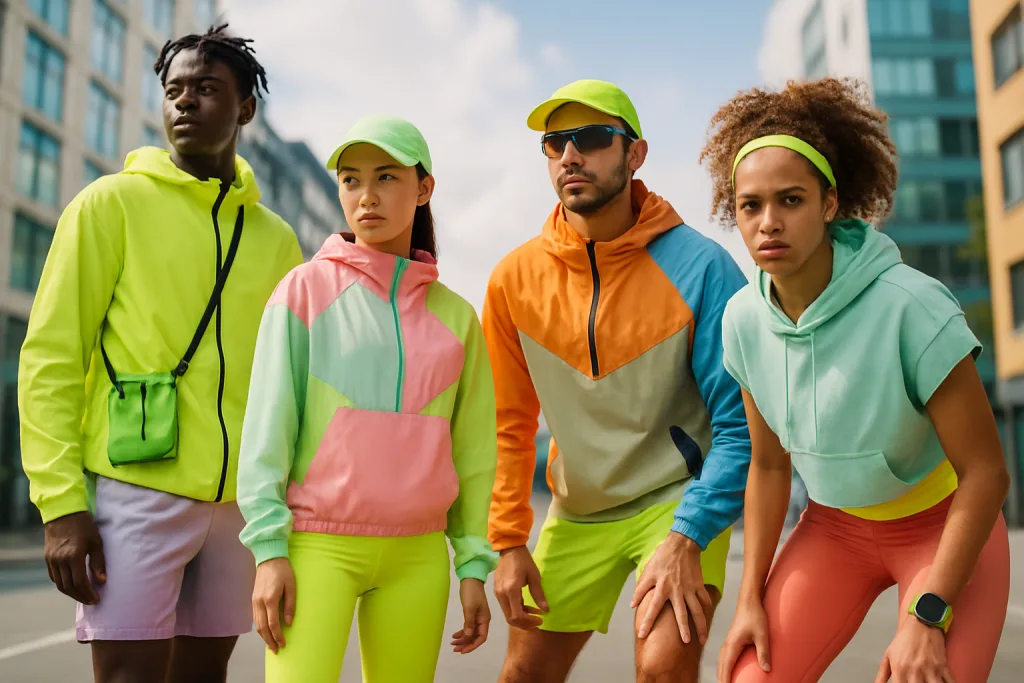 A group of fit, diverse young people in the latest colorful and functional sportswear styles for 2025, set against a lively city background.