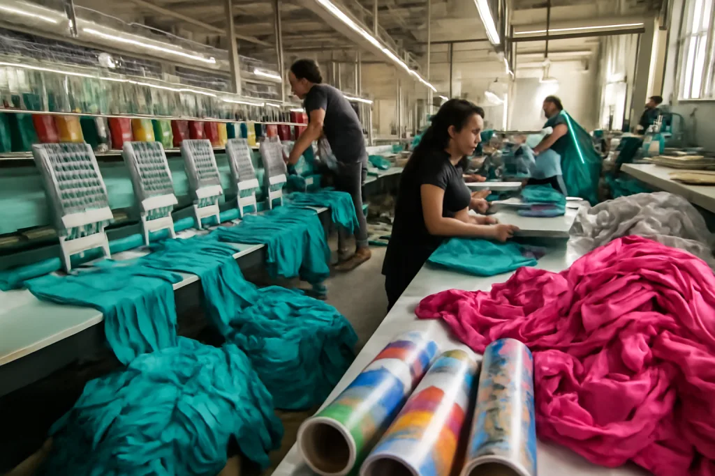 Embroidery vs Heat Transfer vs Screen Print on Stretch Fabrics 23 A visual of a garment factory floor where machines and staff apply both embroidery and heat transfer designs to sportswear sewn from stretchy materials.