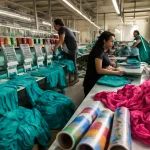 A visual of a garment factory floor where machines and staff apply both embroidery and heat transfer designs to sportswear sewn from stretchy materials.
