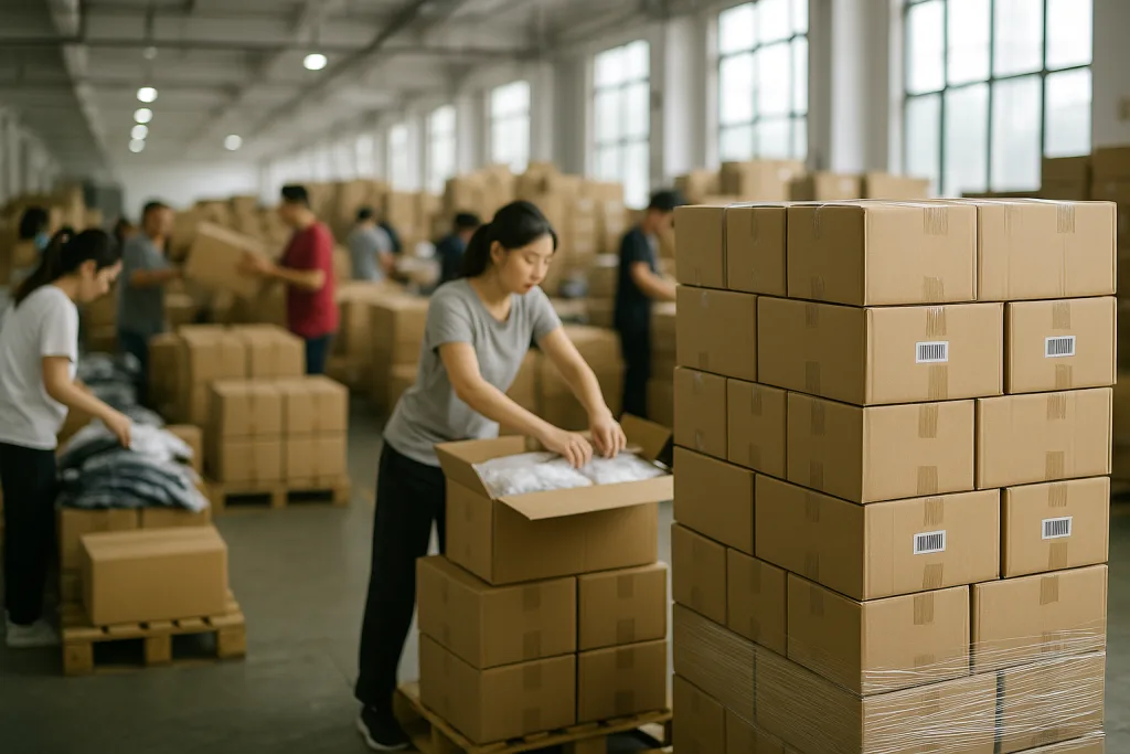 An efficient export warehouse with workers preparing apparel cartons and stacking export pallets for global shipping.
