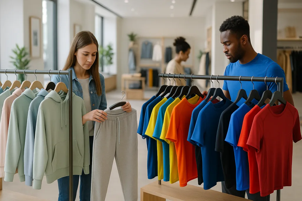 A retail store featuring separate displays for athleisure and activewear apparel, showing their distinct fabrics and styling.